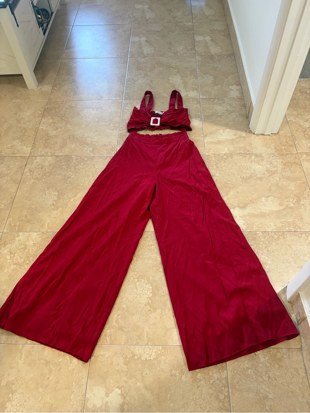 Women's Red Wide-Leg Jumpsuit with Buckle Bodice